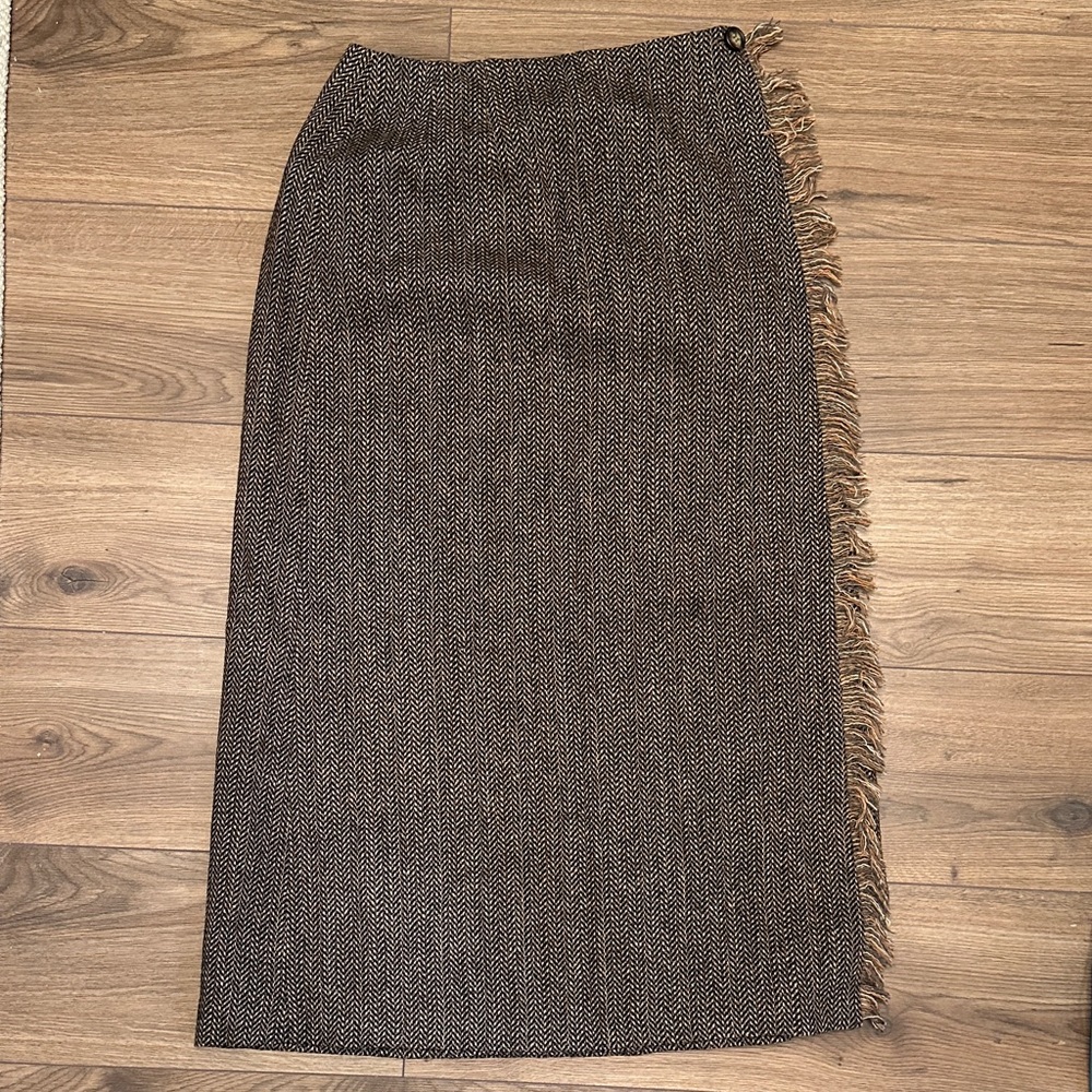 Harve Benard Brown Herringbone Pencil Skirt with Fringe Trim